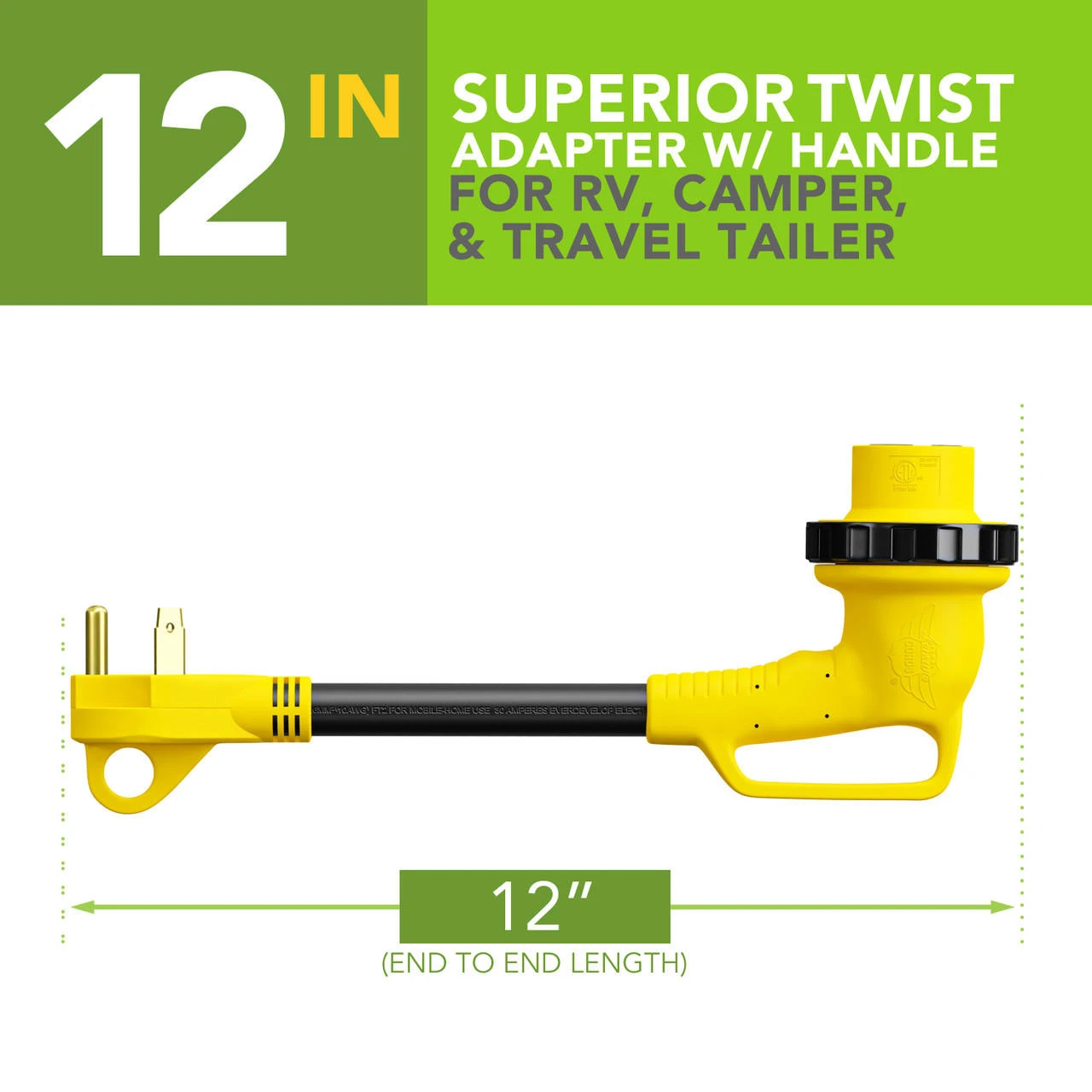 12" 90-Degree Dogbone RV Adapter 30 Amp Male And 30-Amp Female With Twist Lock And LED Indicator (30 Amp Male - 30 Amp Female Twist) 2 12" 90-Degree Dogbone RV Adapter 30 Amp Male And 30-Amp Female With Twist Lock And LED Indicator (30 Amp Male - 30 Amp Female Twist) - Image 2