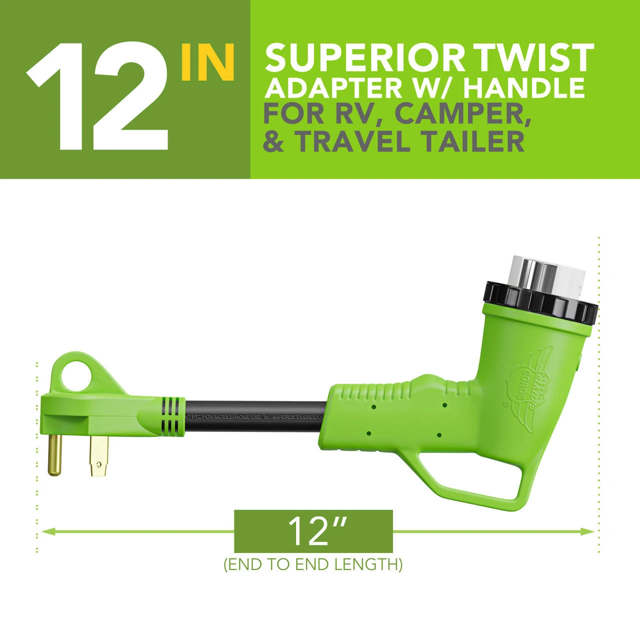12" 90-Degree Dogbone RV Adapter 30 Amp Male And 50 Amp Female With Twist Lock And LED Power Indicator (30 Amp Male - 50 Amp Female Twist) 2 12" 90-Degree Dogbone RV Adapter 30 Amp Male And 50 Amp Female With Twist Lock And LED Power Indicator (30 Amp Male - 50 Amp Female Twist) - Image 2