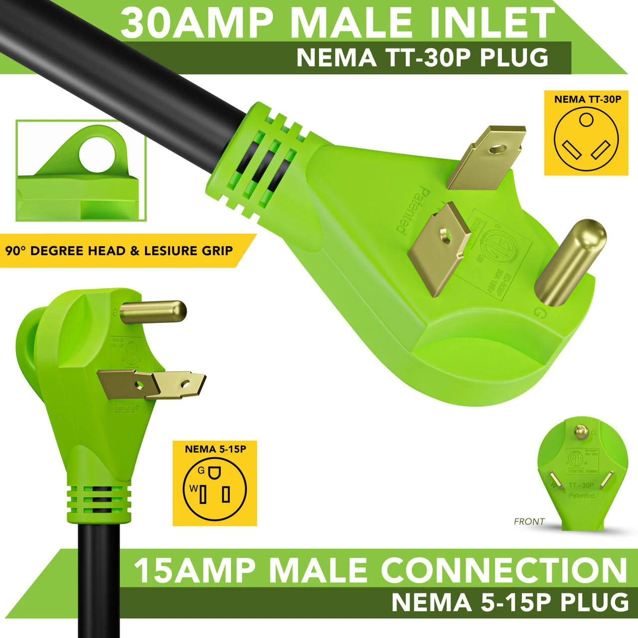 Leisure Cords 24'' RV Y Adapter Cord 30 Amp Male Plug To Two 15 Amp Female 2.5 Feet With Handle (30A Male To 2-15A Female) 4 Leisure Cords 24'' RV Y Adapter Cord 30 Amp Male Plug To Two 15 Amp Female 2.5 Feet With Handle (30A Male To 2-15A Female) - Image 4