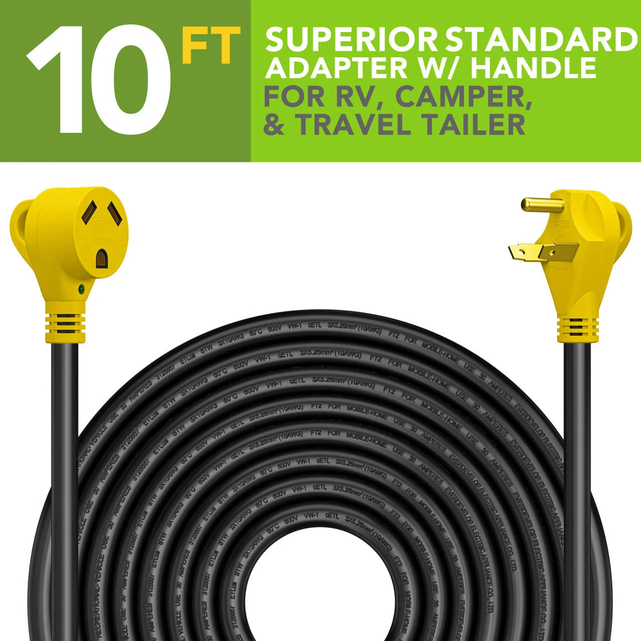 30 Amp RV Power Extension Cord With LED Power Indictor - 30 Amp Male To 30 Amp Female Standard Plug 10 Foot 2 30 Amp RV Power Extension Cord With LED Power Indictor - 30 Amp Male To 30 Amp Female Standard Plug 10 Foot - Image 2