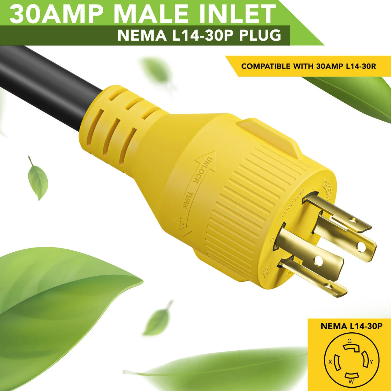 Gen RV 18" 30 AMP Locking 3 Or 4 Prong Plug To Standard RV TT-30R Receptacle Generator Adapter With Grip 4 Gen RV 18" 30 AMP Locking 3 Or 4 Prong Plug To Standard RV TT-30R Receptacle Generator Adapter With Grip - Image 4