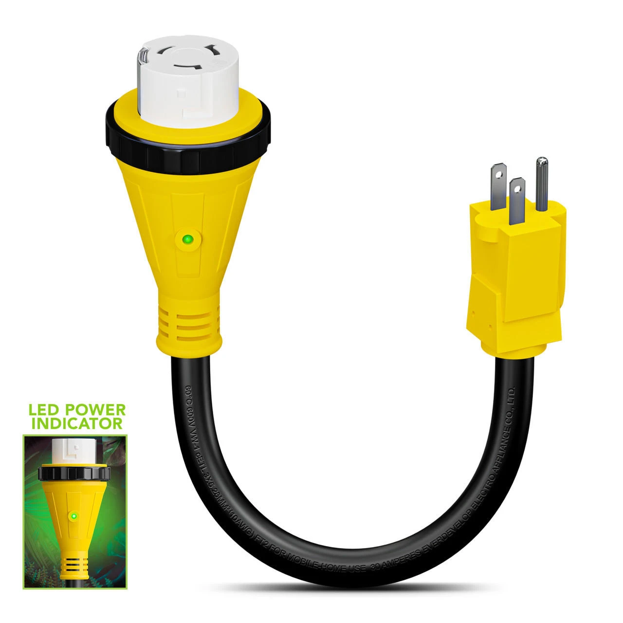 Power Cord Plug Adapter 15 Amp Male To 50 Amp Twist To Lock Female 12" RV Electrical Converter Cord Cable With LED Indicator Light 7 Power Cord Plug Adapter 15 Amp Male To 50 Amp Twist To Lock Female 12" RV Electrical Converter Cord Cable With LED Indicator Light - Image 7
