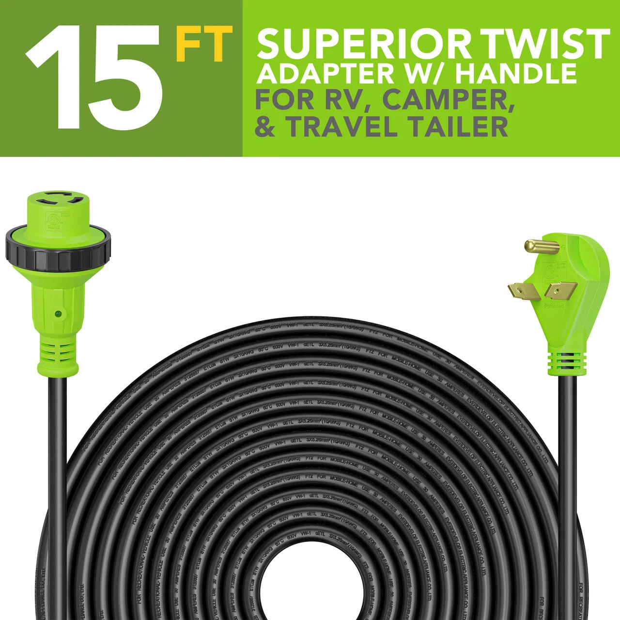 Twist Lock RV 30 Amp Power Cord With LED Power Indictor - 30 Amp Male To 30 Amp Female Locking Plug 15 Foot 2 Twist Lock RV 30 Amp Power Cord With LED Power Indictor - 30 Amp Male To 30 Amp Female Locking Plug 15 Foot - Image 2