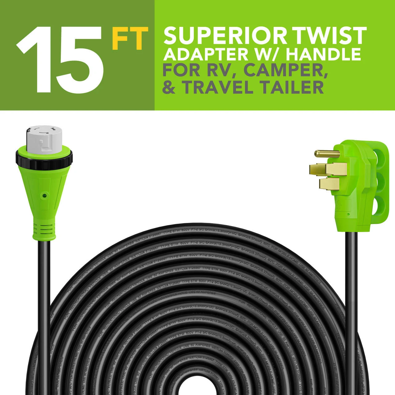 Twist Lock RV 50 Amp Power Cord With LED Power Indictor - 50 Amp Male To 50 Amp Female Locking Plug 15 Foot 2 Twist Lock RV 50 Amp Power Cord With LED Power Indictor - 50 Amp Male To 50 Amp Female Locking Plug 15 Foot - Image 2