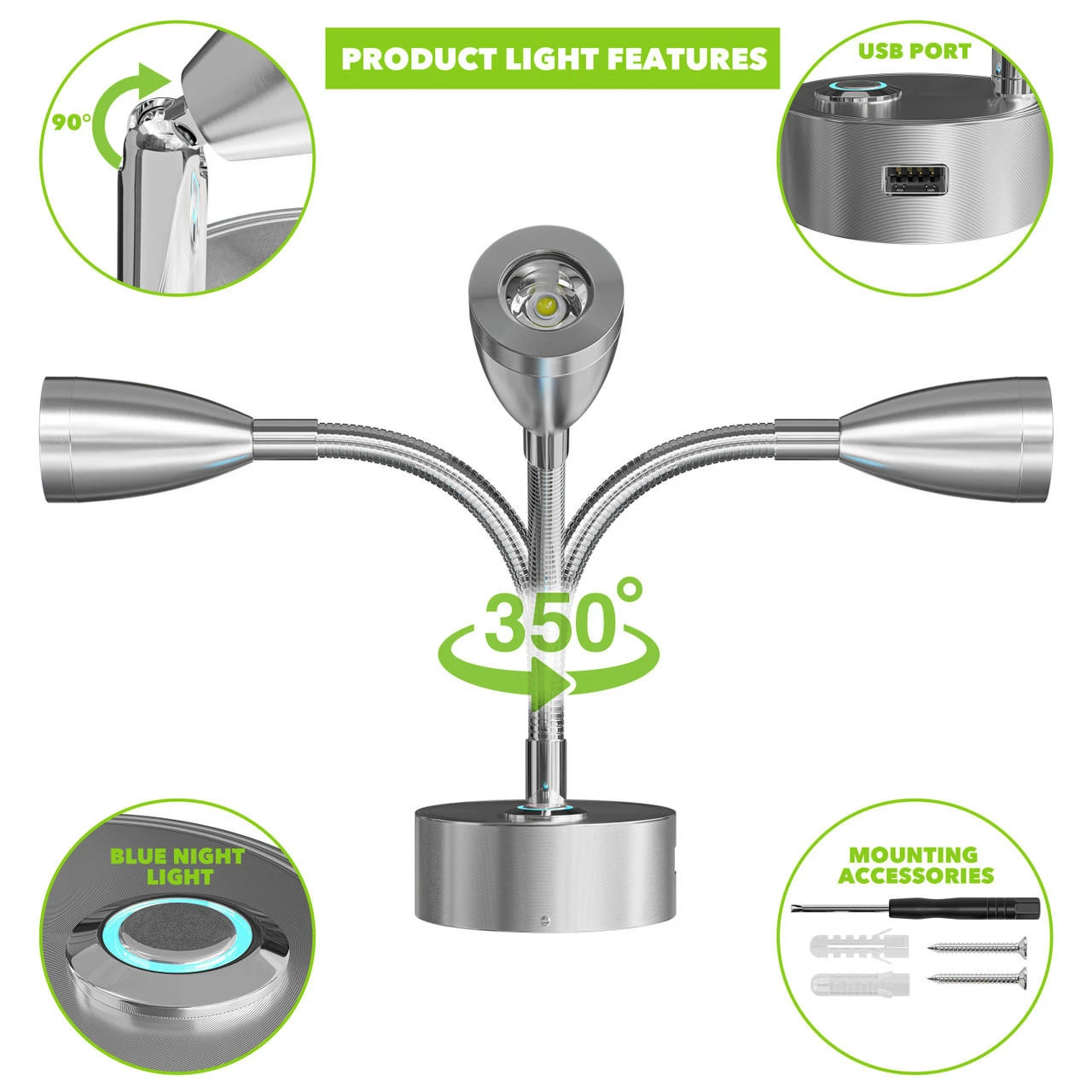 Leisure LED 8" 12V RV Flexible Gooseneck Interior Reading Light With Touch Activated Dimming Settings/Multi-Color Modes, Brushed Nickel Finish 6 Leisure LED 8" 12V RV Flexible Gooseneck Interior Reading Light With Touch Activated Dimming Settings/Multi-Color Modes, Brushed Nickel Finish - Image 6