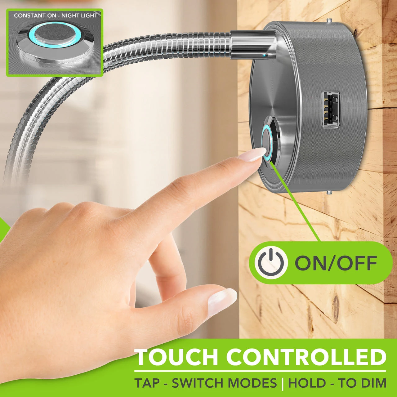 Leisure LED 8" 12V RV Flexible Gooseneck Interior Reading Light With Touch Activated Dimming Settings/Multi-Color Modes, Brushed Nickel Finish 3 Leisure LED 8" 12V RV Flexible Gooseneck Interior Reading Light With Touch Activated Dimming Settings/Multi-Color Modes, Brushed Nickel Finish - Image 3