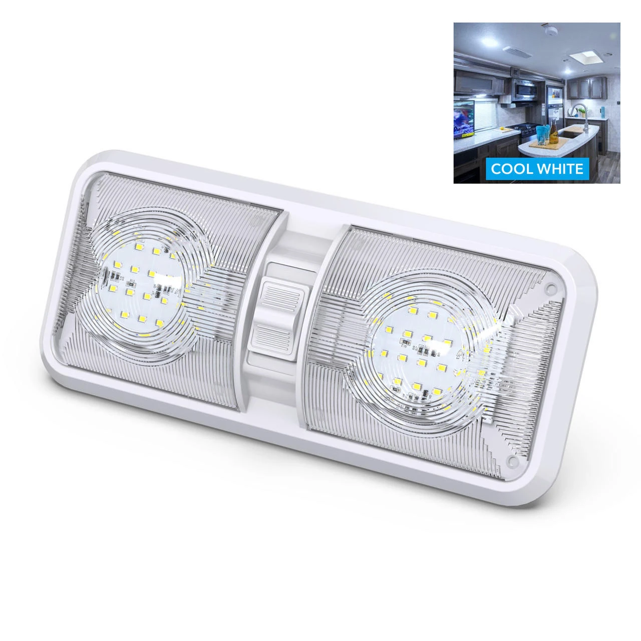 Leisure LED RV LED Ceiling Double Dome Interior Light Fixture With ON/Off Switch Cool White 6000-6500K 48-2835SMD 1 Leisure LED RV LED Ceiling Double Dome Interior Light Fixture With ON/Off Switch Cool White 6000-6500K 48-2835SMD