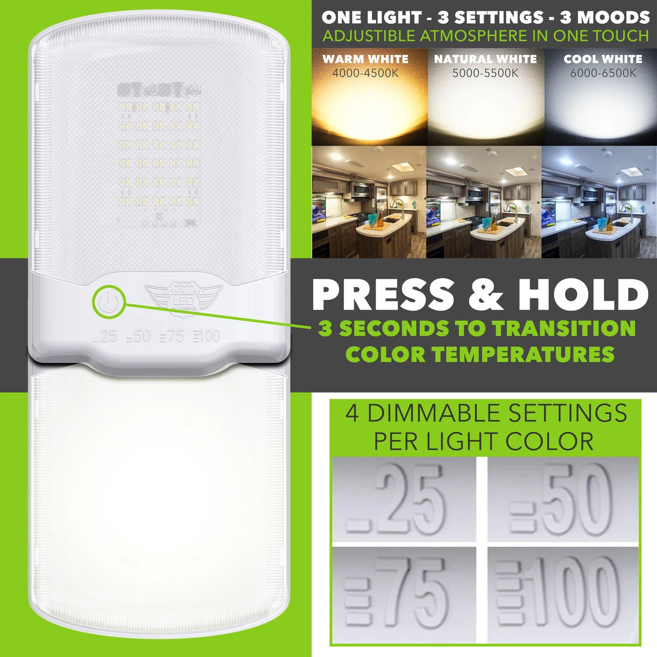 Leisure LED RV LED Ceiling Single Dome Interior Light Fixture Touch To Dim Switch Multi Warm, Natural, And Cool White 30-2835SMD 4 Leisure LED RV LED Ceiling Single Dome Interior Light Fixture Touch To Dim Switch Multi Warm, Natural, And Cool White 30-2835SMD - Image 4